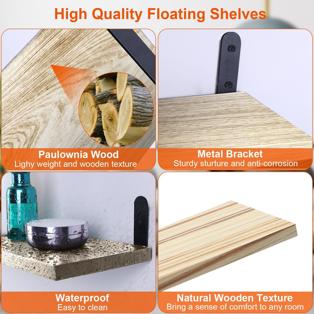 6 Sets Floating Shelves 15.74x5.74Inch Wall Mounted Shelves Wood Storage Shelves Metal Bracket Hanging Display Shelf Wall Organizer For Living Room Bathroom Kitchen Decor