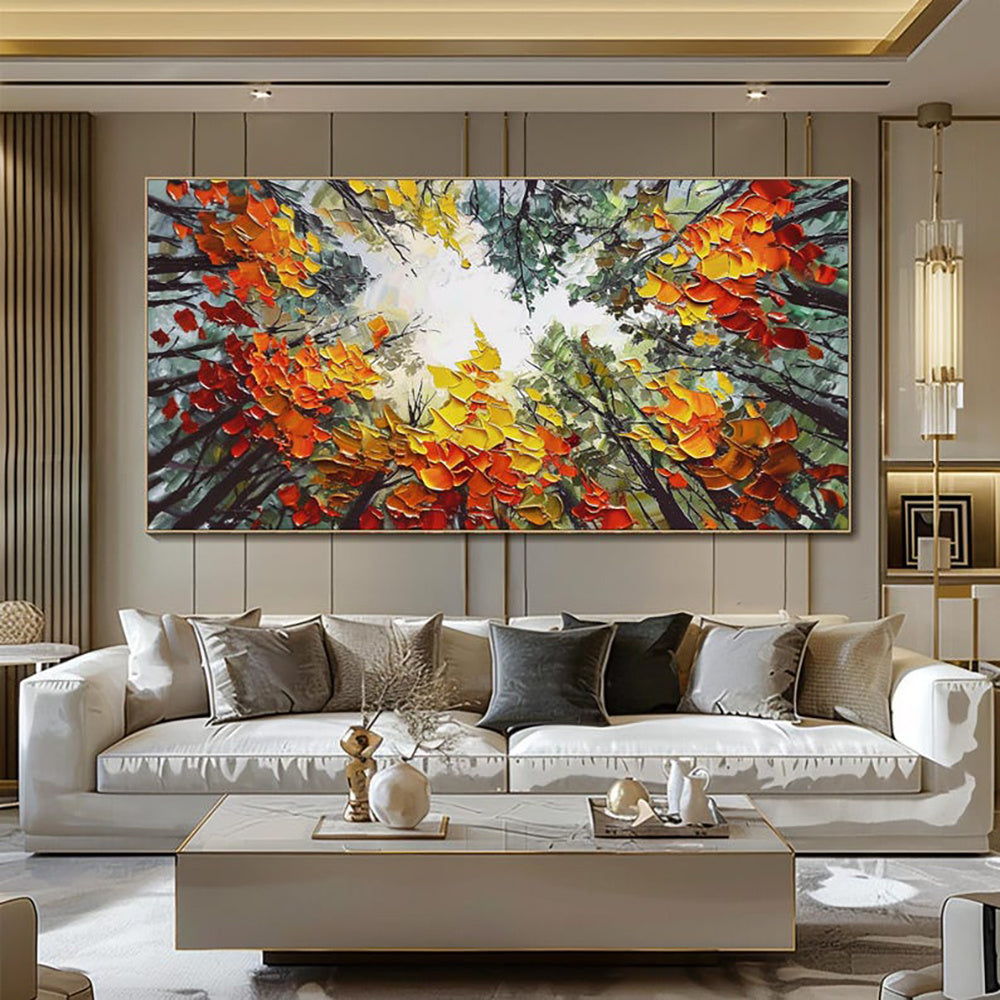 Modern Brich Treescape Landscape Canvas Artwork Handpainted Orange Forest Thick Oil Painting Natural Home Wall Decor