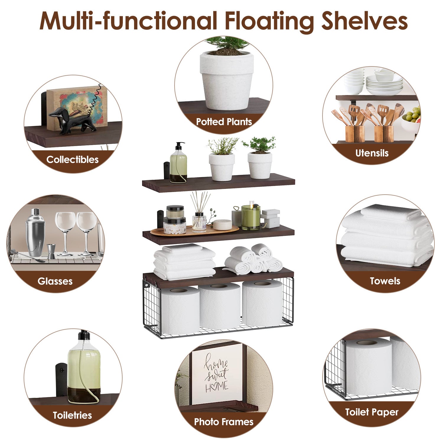 2 In 1 Floating Shelves Wall Mounted With Storage Basket Bathroom Shelves Over Toilet Wooden Shelves For Bedroom Living Room Kitchen Office Wall Decor Plants