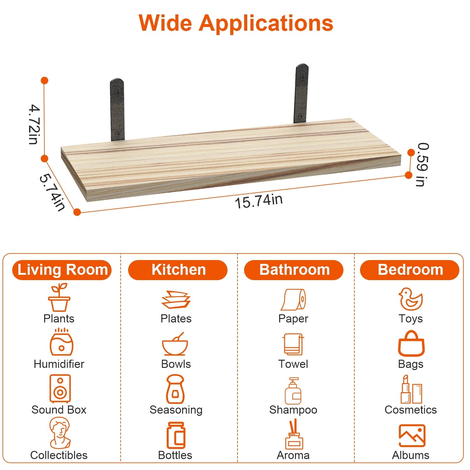 6 Sets Floating Shelves 15.74x5.74Inch Wall Mounted Shelves Wood Storage Shelves Metal Bracket Hanging Display Shelf Wall Organizer For Living Room Bathroom Kitchen Decor