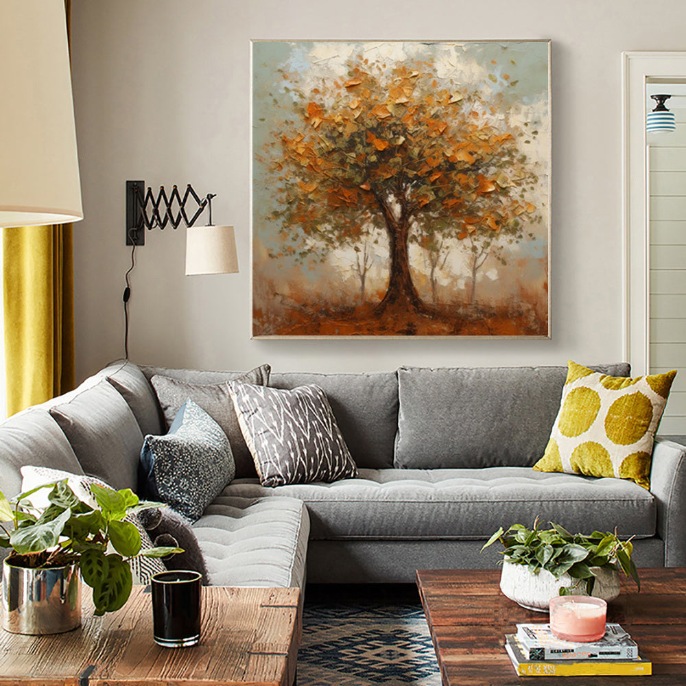Handmade Oil Painting Canvas Wall Art Decoration Modern Orange Autumn Trees Abstract Square Home Dining Room Bedroom Decor Rolled Frameless Unstretched Painting