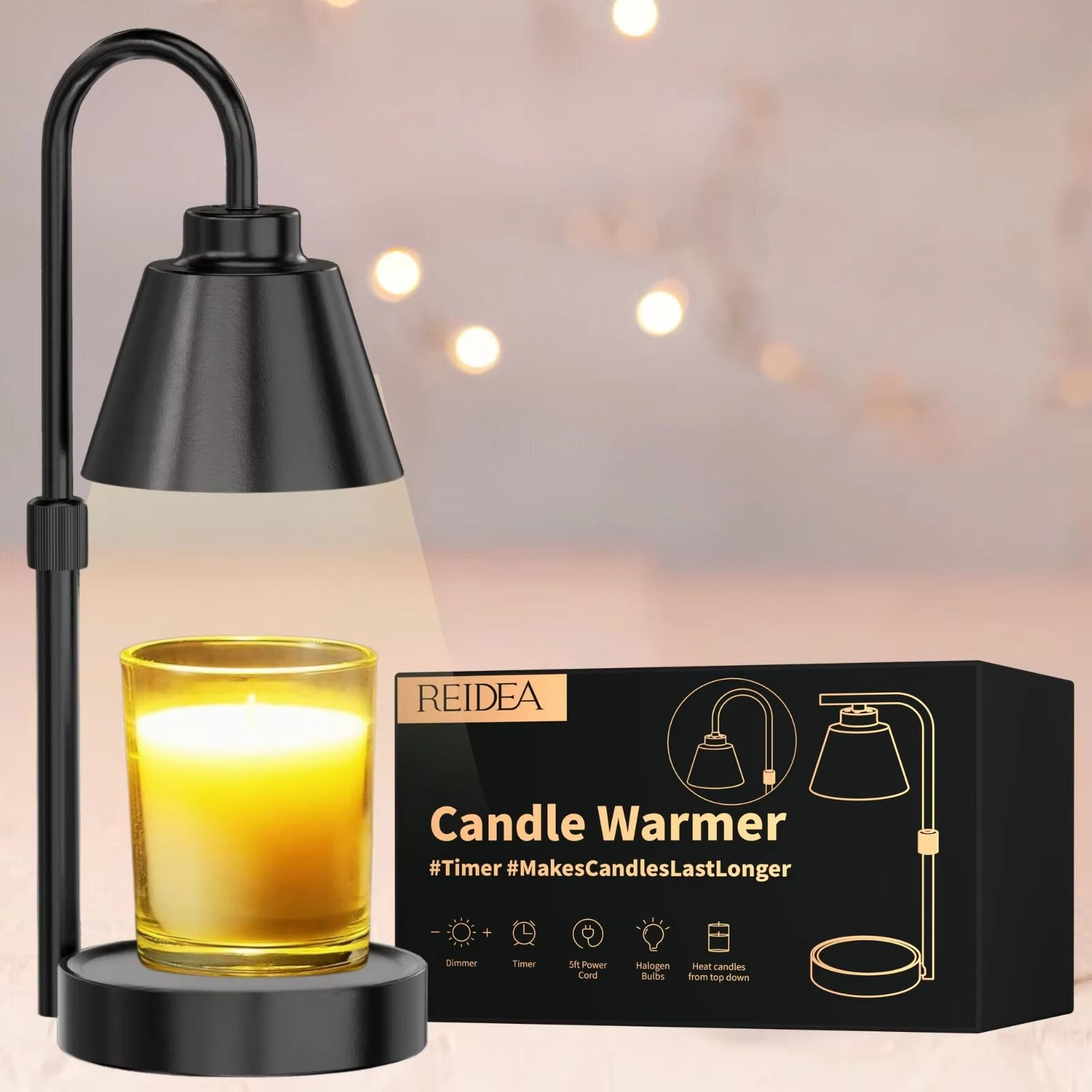 Candle Warmer Lamp Timer, Dimmable Adjustable Height Wax Melt for Large 3 Wicks Scented Candles (Up to D-4/H-6.6 Inches)
