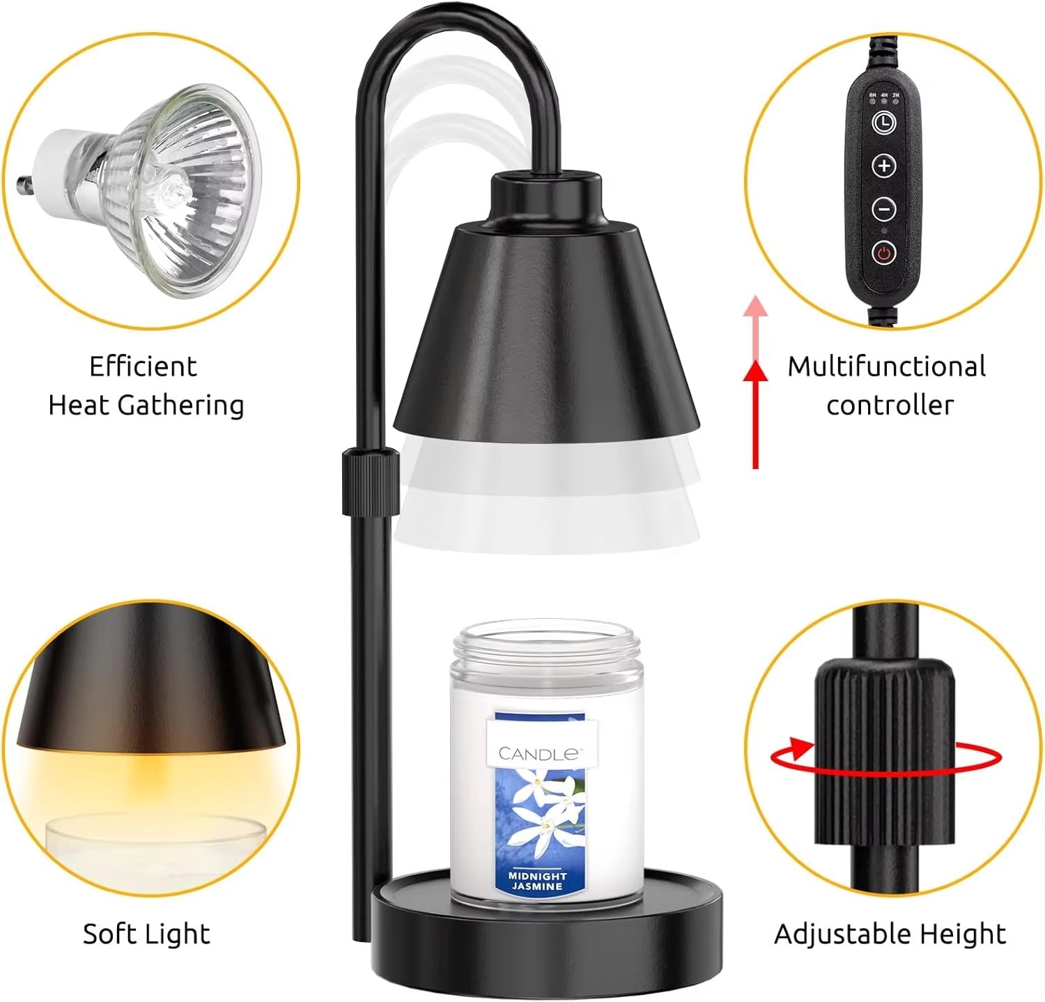 Candle Warmer Lamp Timer, Dimmable Adjustable Height Wax Melt for Large 3 Wicks Scented Candles (Up to D-4/H-6.6 Inches)
